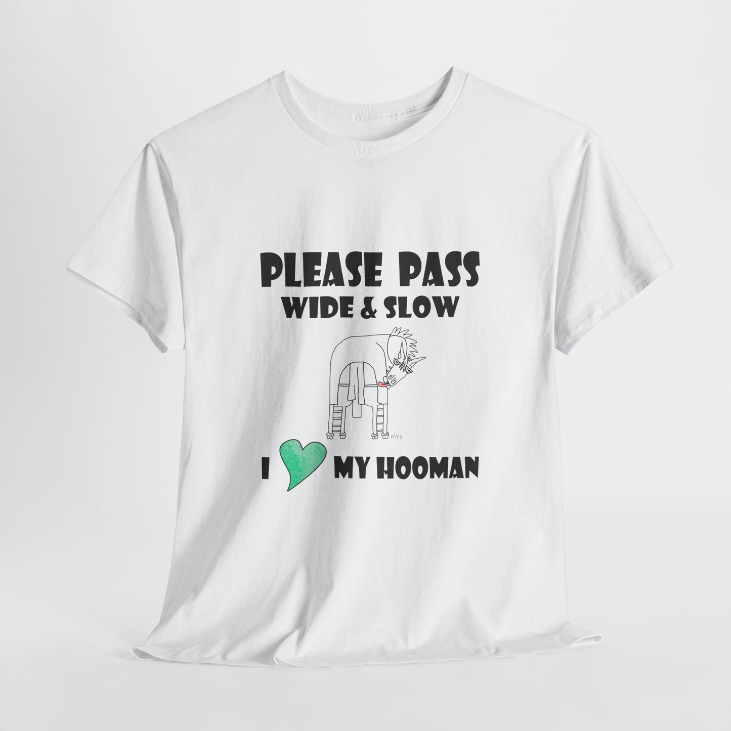 Equestrian safety awareness top - Please Pass Wide & Slow, I ❤️ My Hooman by artist Marie Frederique