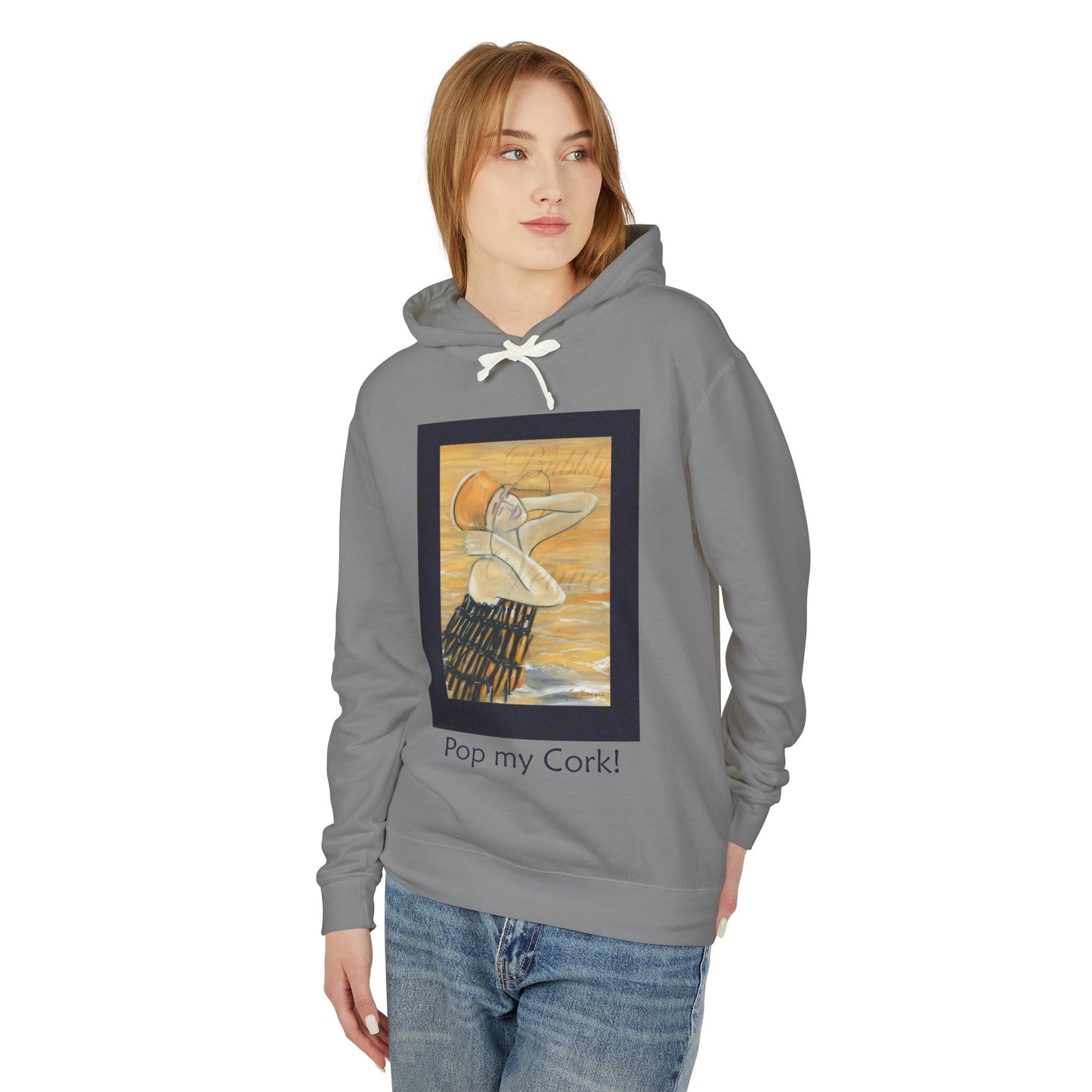 Celebration, Hooded Sweatshirt: Sexy Woman Dressed as Champagne Bottle "Pop my Cork! by artist Marie Frederique