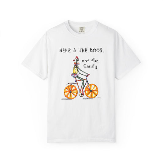 Halloween Bicycle T-Shirt, "Here 4 the Boos, not the Candy" by artist Marie Frederique