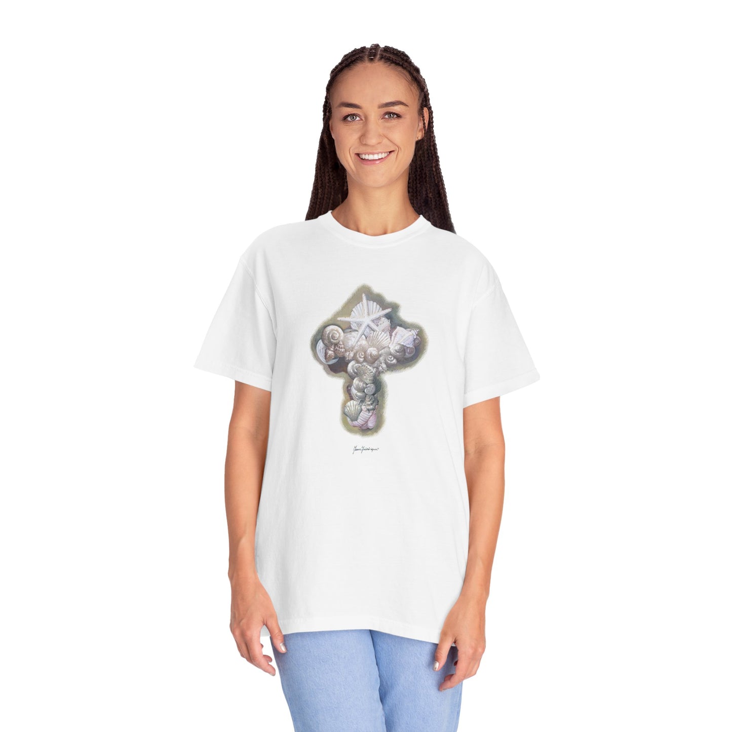 Cross of seashells, Coastal Graphic T-Shirt by artist Marie Frdeerique