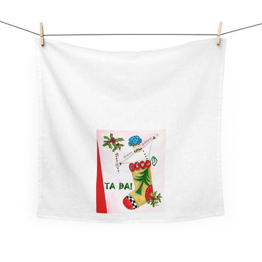 Christmas Tea Towel, TA DA! Whimsical chef jumping out of stocking - by artist Marie Frederique