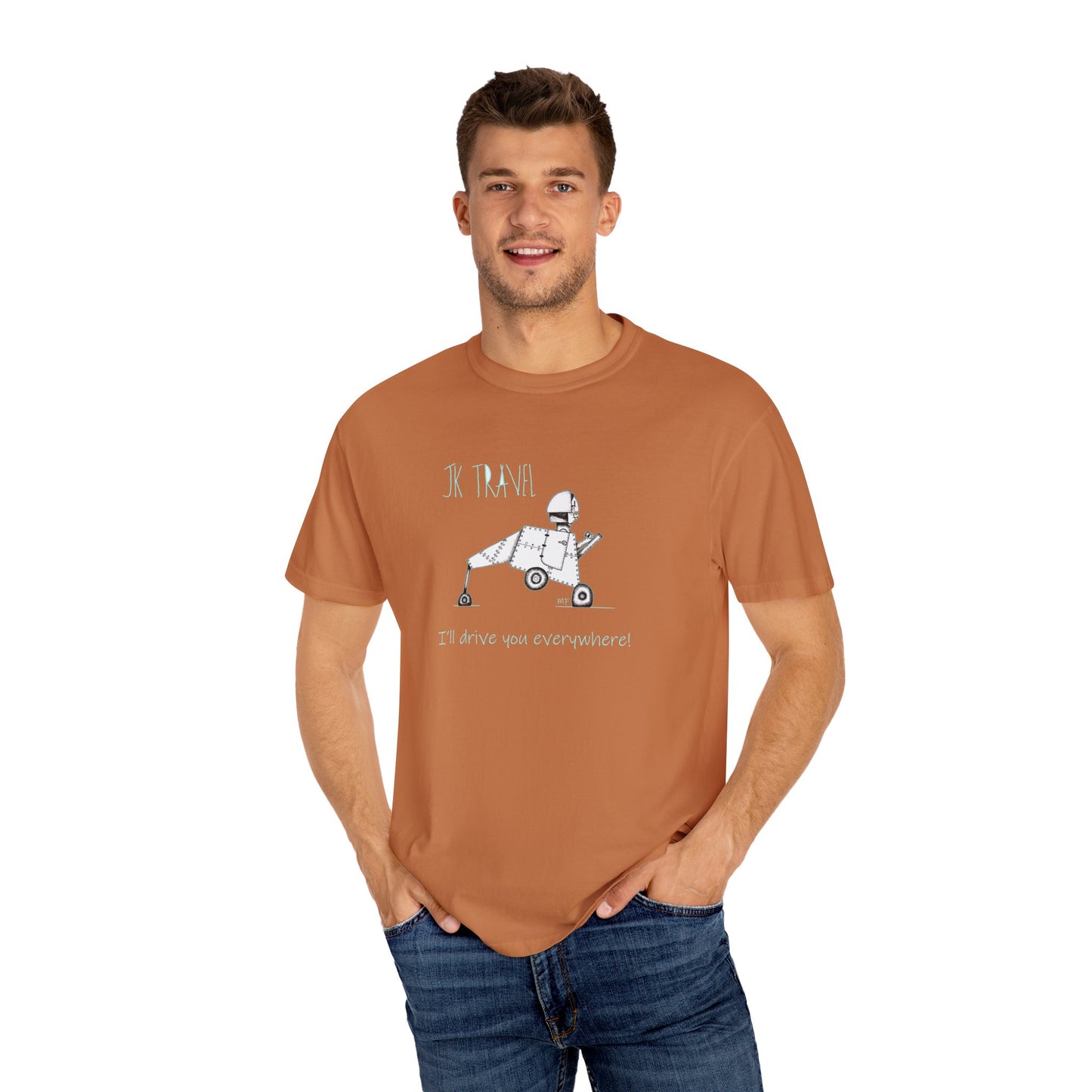 JK TRAVEL, I'll drive you everywhere - Unisex Garment-Dyed T-shirt by Artist Marie Frederique