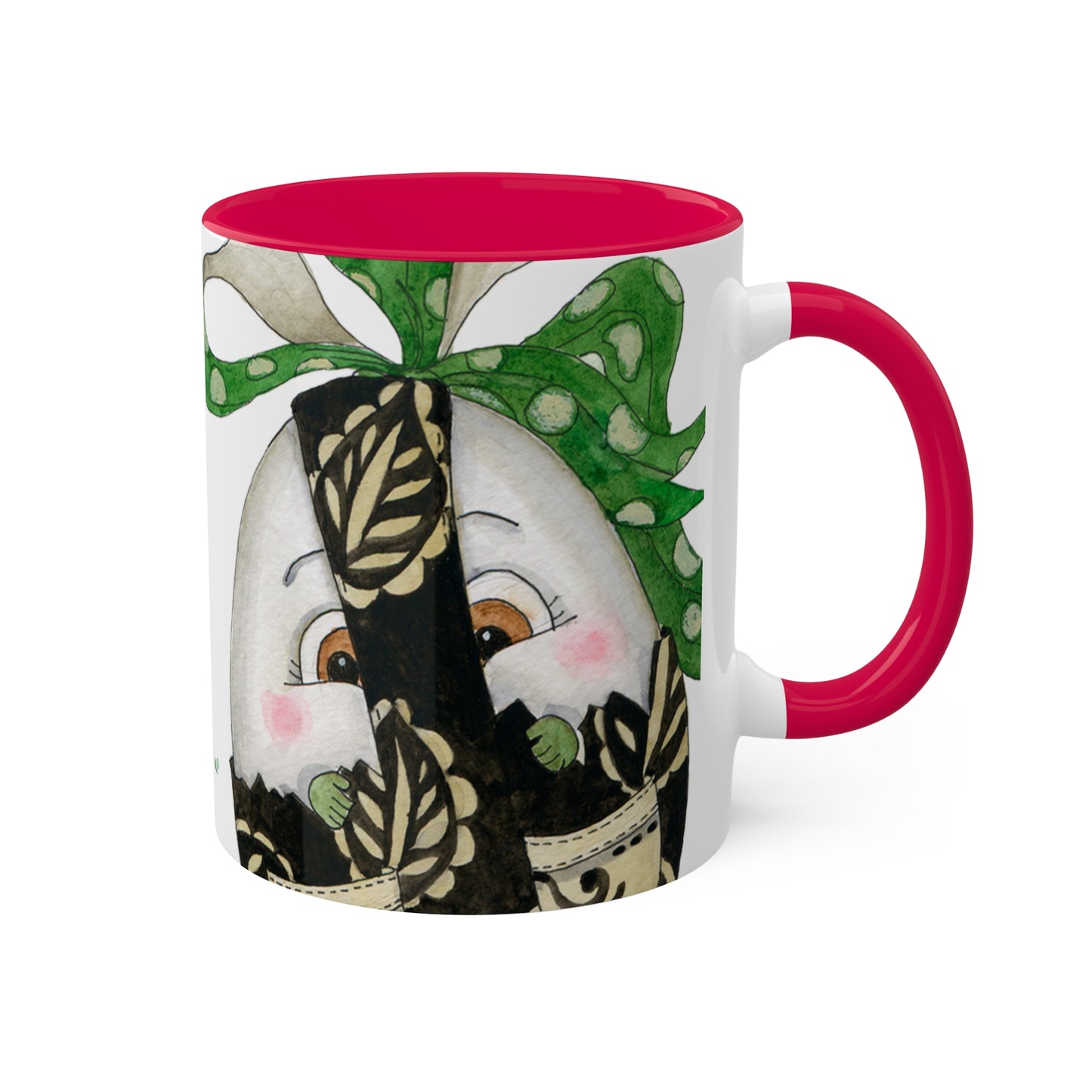 Whimsical Egg Wrap 4 "Yum Yum", Colorful Mug in black, red or light green, 11oz by Artist Marie Frederique