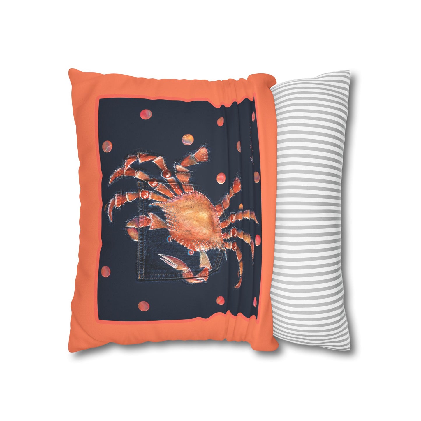 Crab Art Faux Suede Pillowcase — Orange Coastal Square Throw Pillow Cover by artist Marie Frederique