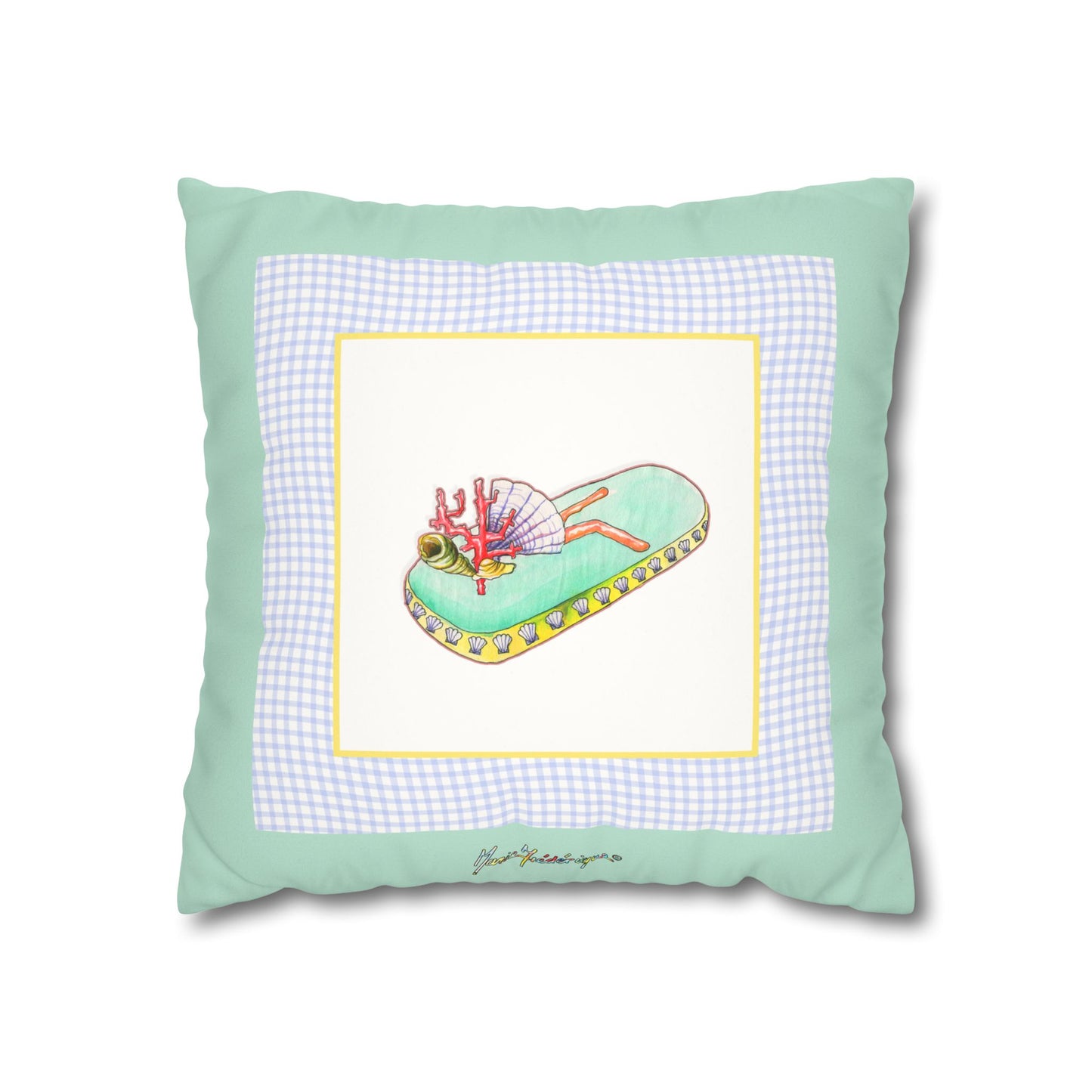 Mint Gingham Vacation Flip-Flop Pillowcase — Beachy Faux Suede Decorative Pillow Cover by artist Marie Frederique