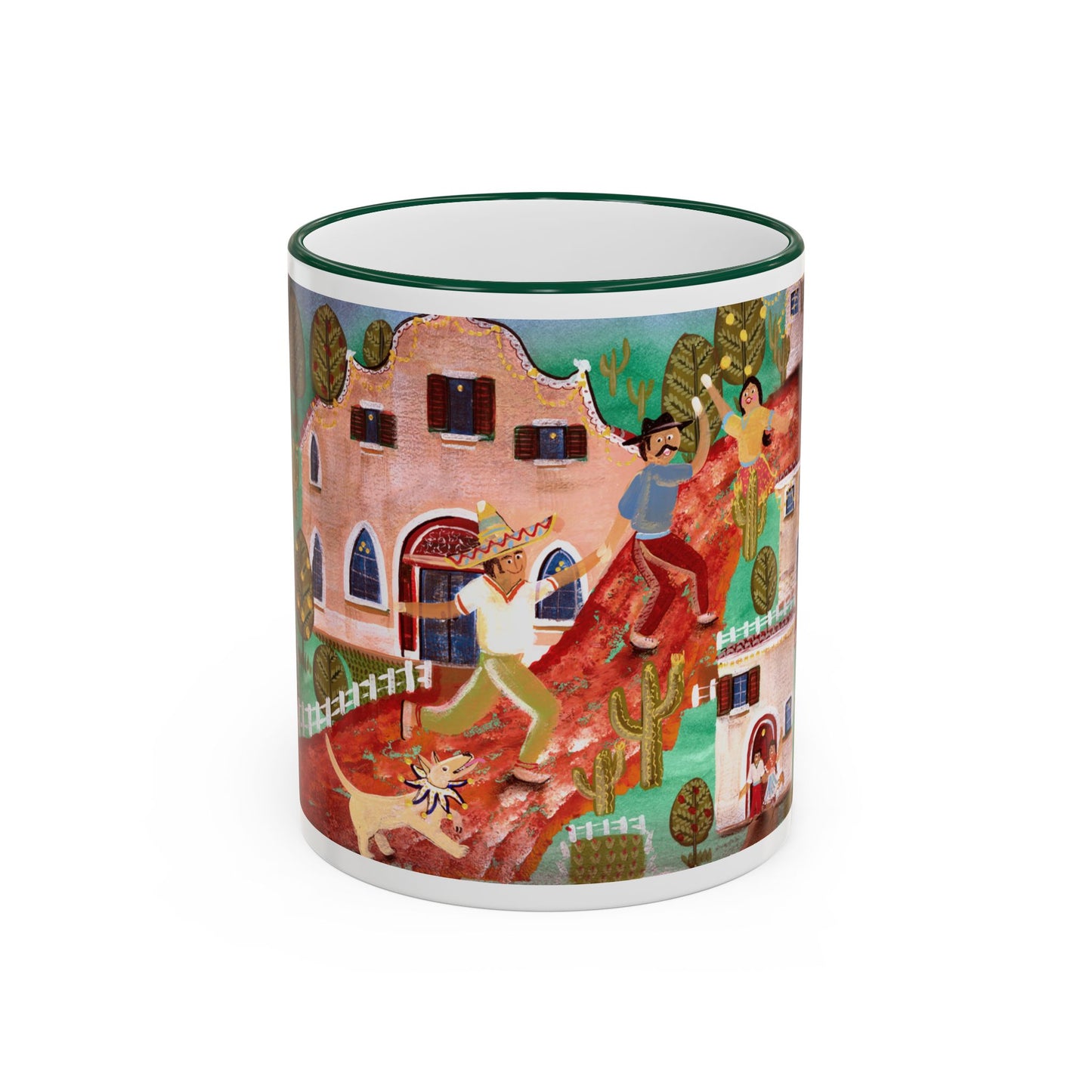 Colorful Folk Art Rim-Handle Mug — Vibrant Village Scene (11oz, 15oz) by artist Marie Frederique