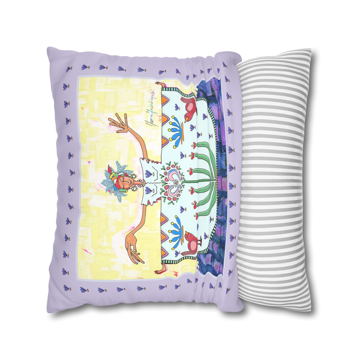 Chic Island Lavender Folk Art Pillowcase — Colorful Woman & Floral Motif Faux Suede Square Pillow by artist Marie Frederique