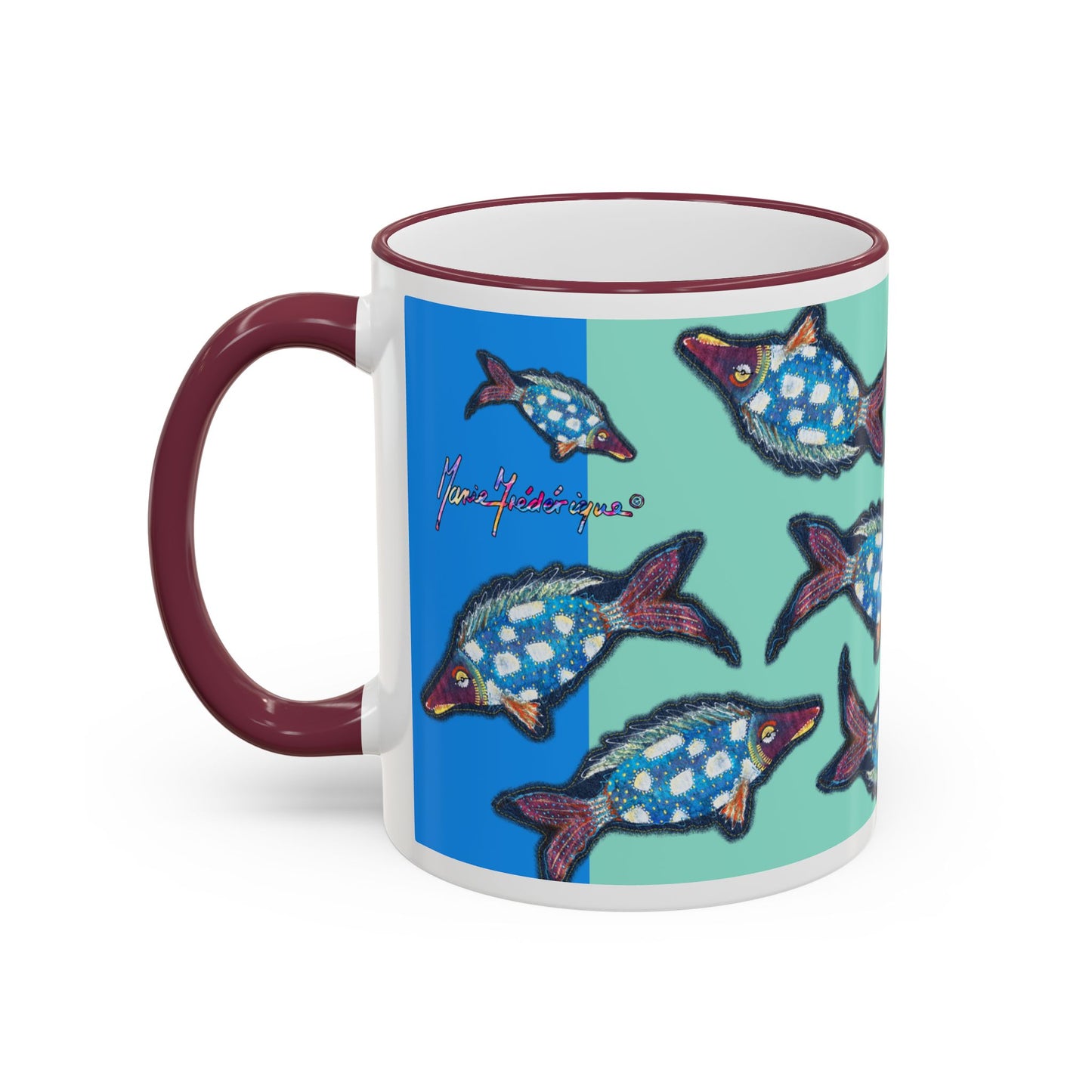 Blue Flying Fish Accent Rim Mug — Nautical Ceramic Coffee Cup (11oz/15oz) by artist Marie Frederique