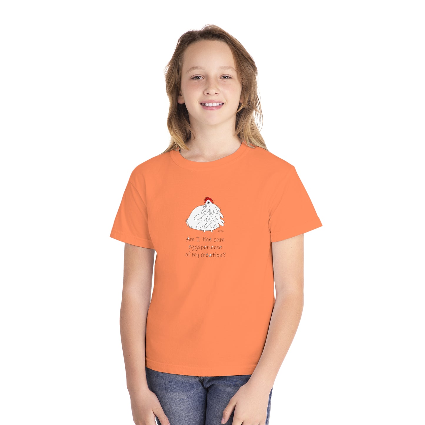 Funny Youth Midweight Tee - "Am I the sum eggsperience of my creation?" Chick Graphic by artist Marie Frederique