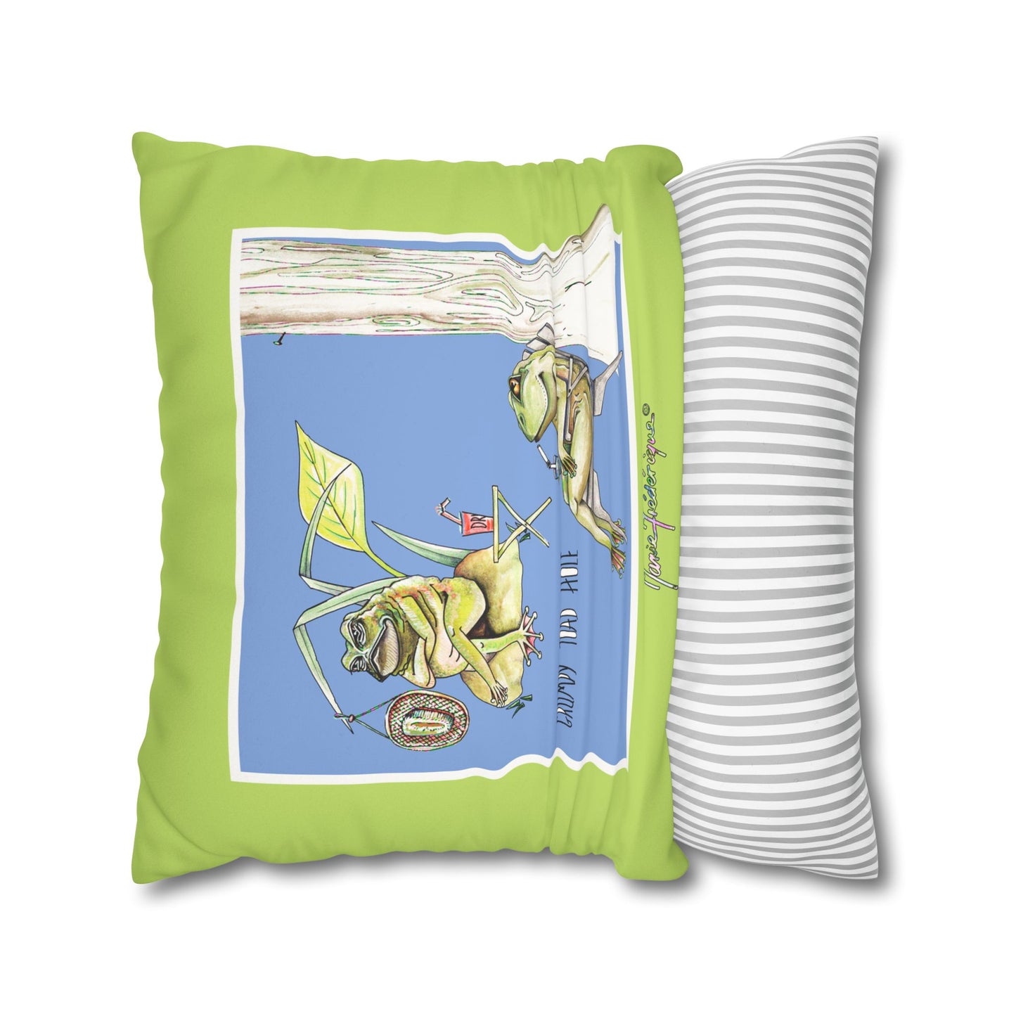 Grumpy Toad Hole - Frenchie Camping Square Pillowcase by artist Marie Frederique
