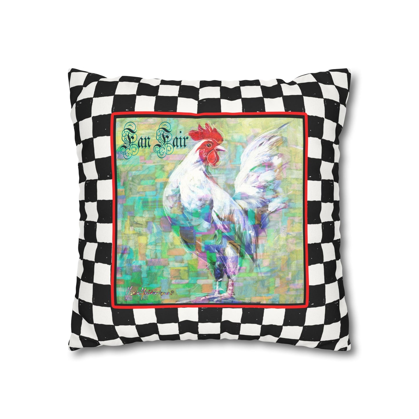 White Rooster Checkered Faux Suede Pillowcase - "Fan Fair" Farmhouse Accent Pillow Cover by artist Marie Frederique