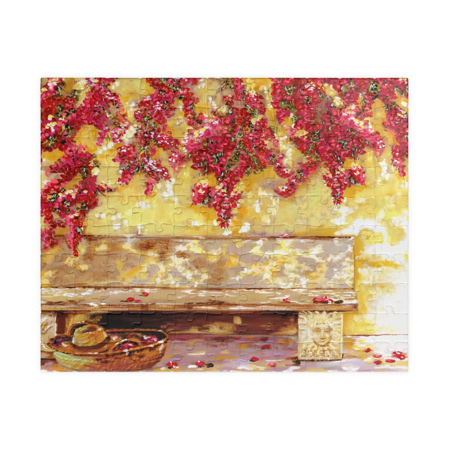 My Happy place - Bougainvillea Pink flowers and a stone bench, Jigsaw Puzzle by Artist Marie Frederique - Puzzle 1014-piece