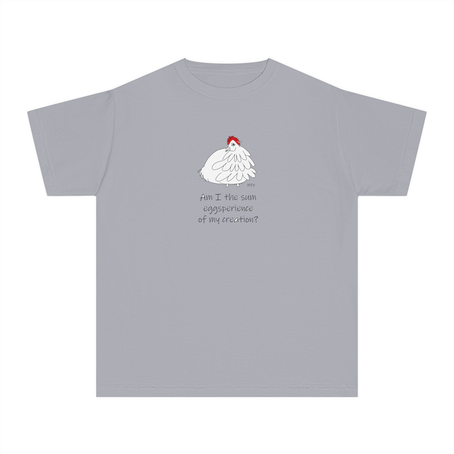 Funny Youth Midweight Tee - "Am I the sum eggsperience of my creation?" Chick Graphic by artist Marie Frederique