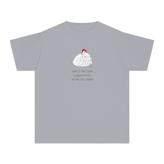 Funny Youth Midweight Tee - "Am I the sum eggsperience of my creation?" Chick Graphic by artist Marie Frederique