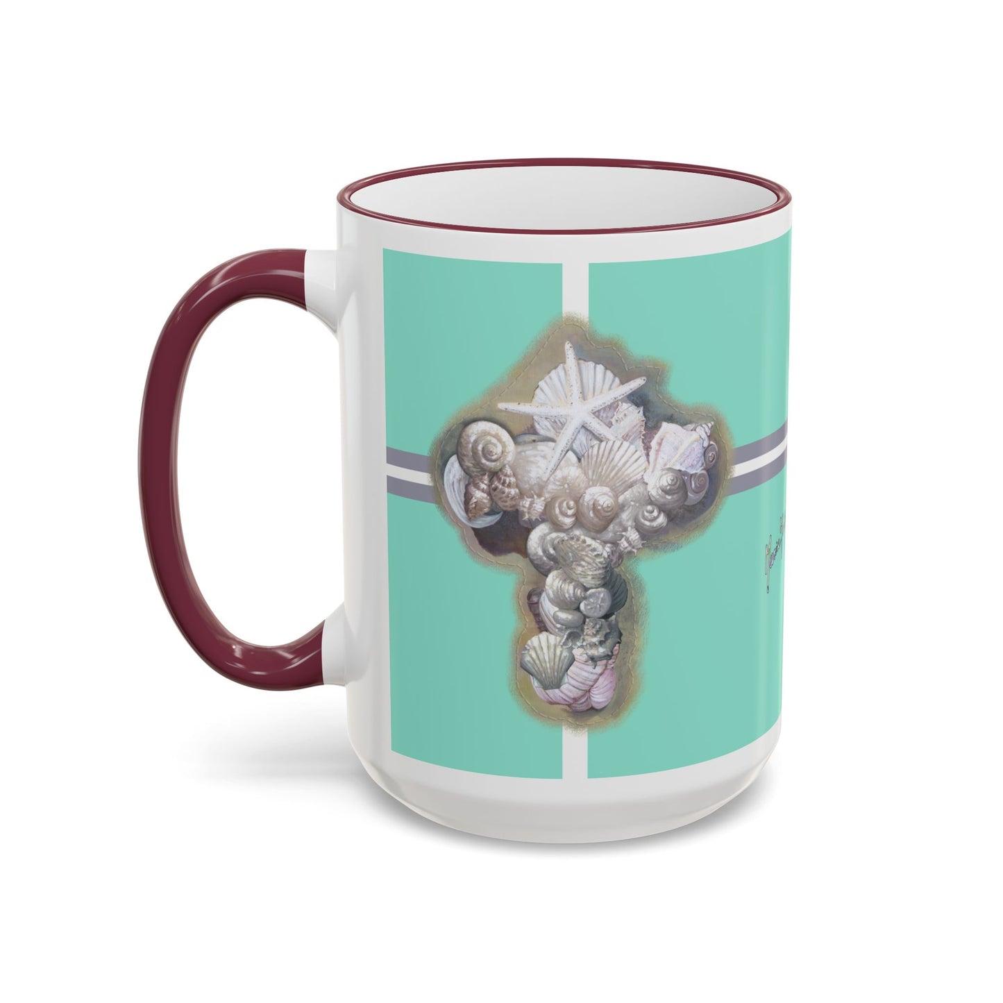 Seashell Cross, Accent Rim Mug — Christian Coffee Cup (11oz/15oz) by artist Marie Frederique