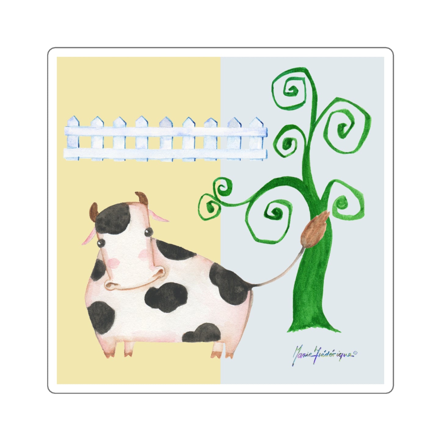 Cow in a field with a tree, in pastel watercolors is a delightful character by Artist Marie Frederique - sticker in 4 sizes