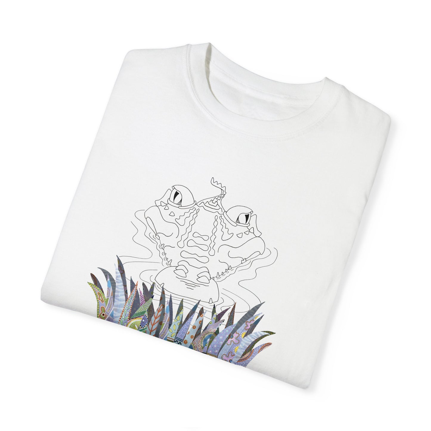 Gator Trip, Reptilian lovers - whimsical drawing in Black & White with painted foliage - Unisex Garment-Dyed T-shirt by artist Marie Frederique