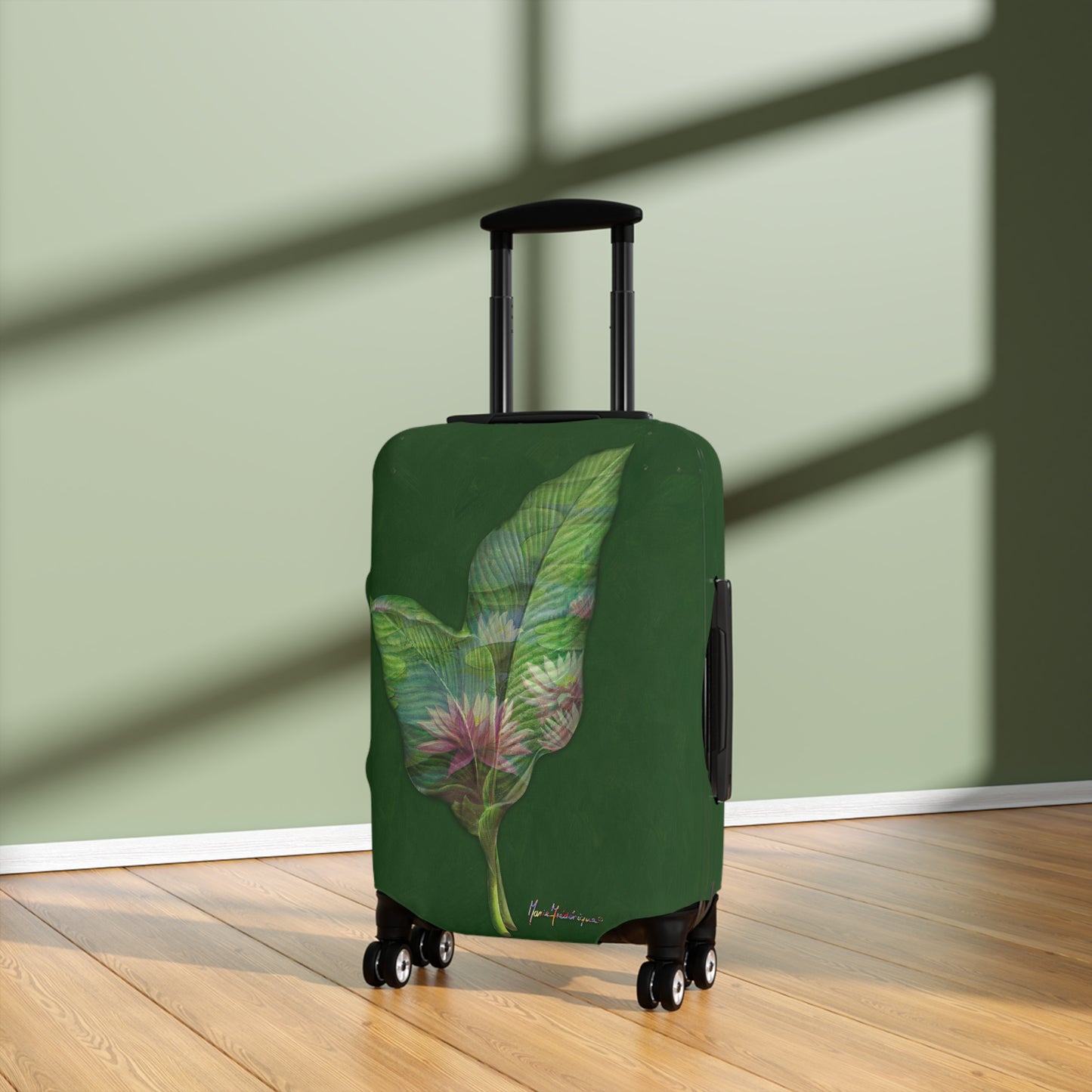 Luggage Cover, Pink Lotus flower and leaves on green By Artist Marie Frederique