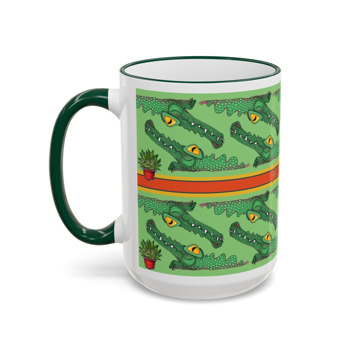 Funny Alligator Pattern Mug — Green Crocodile Design (11oz/15oz) by artist Marie Frederique