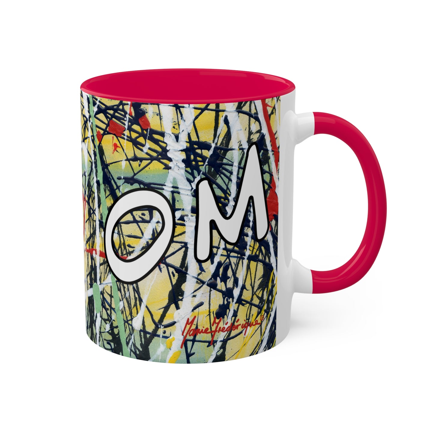 OM/AUM Zen, Abstract expressionist Colorful Mug in 3 colors, Red, Black and Yellow 11oz By Artist Marie Frederique