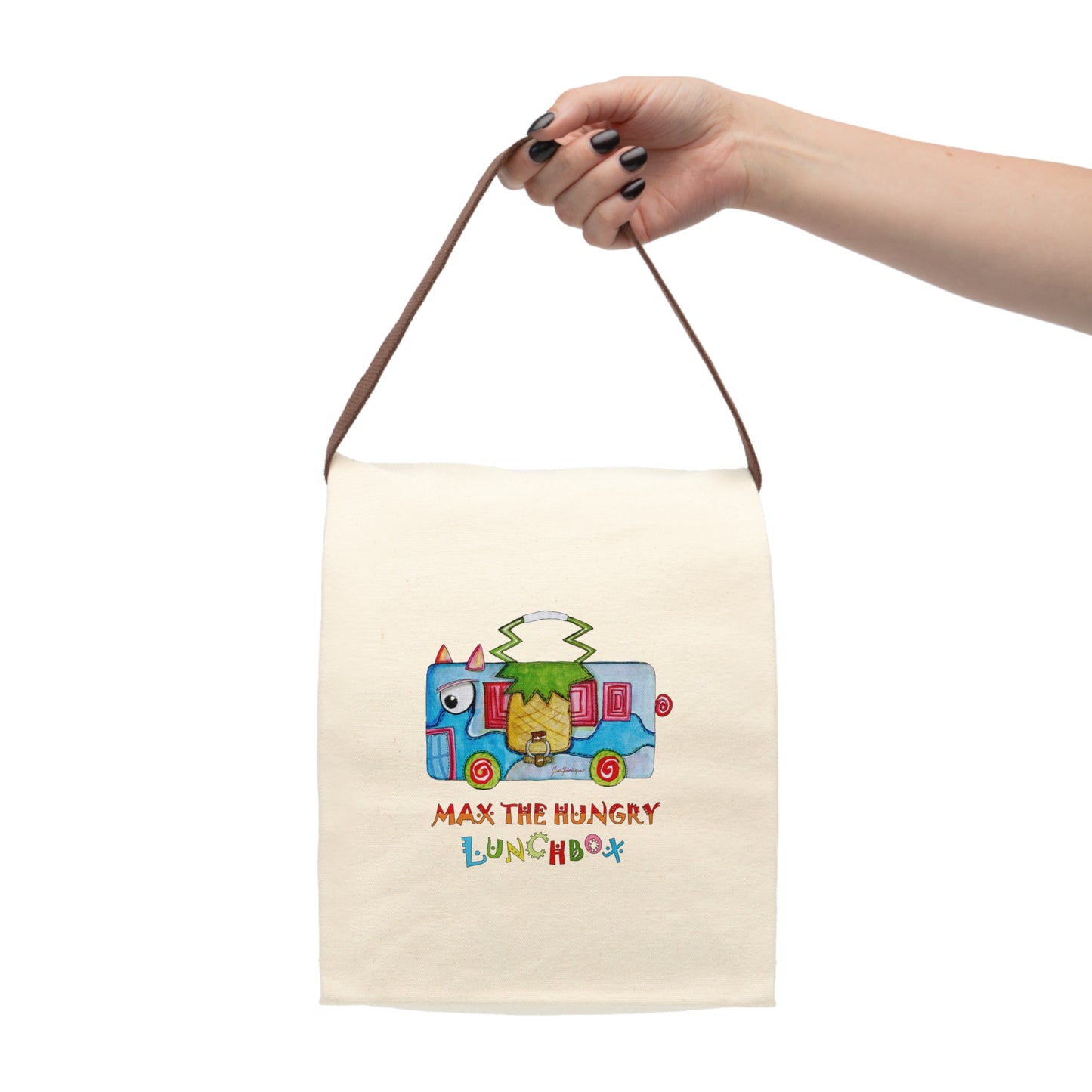 Max the hungry lunchbox - Multi colored Canvas Lunch Bag With Strap by Artist Marie Frederique