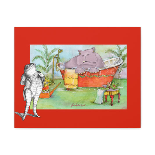 Hippo in Bathtub Canvas Wall Art – Whimsical Animal Bathroom Decor by artist Marie Frederique