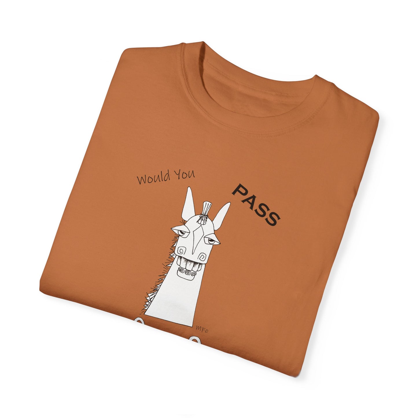 Vet Check - Whimsical horse poses the question "Would you PASS a Vet. Check?" Unisex Garment-Dyed T-shirt by artist Marie Frederique