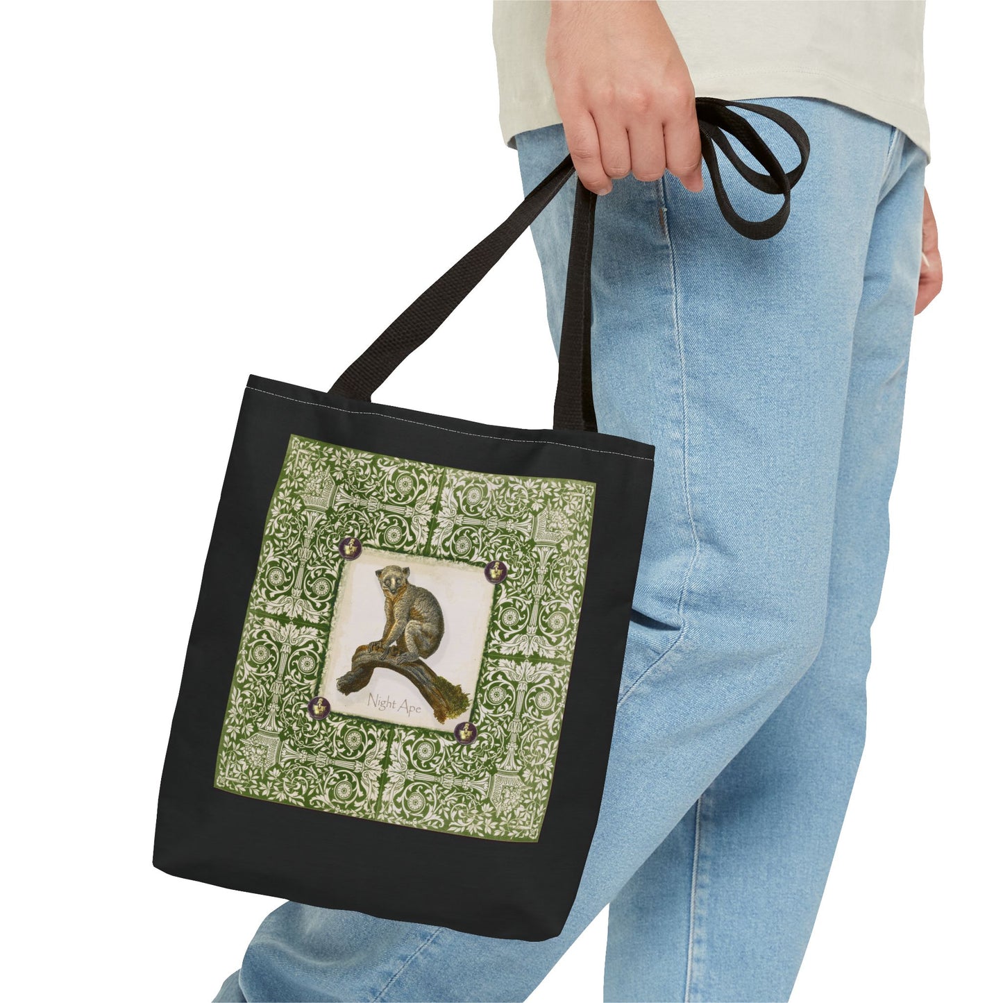 Bush Baby (Pookie), green on black Tote Bag by artist Marie Frederique