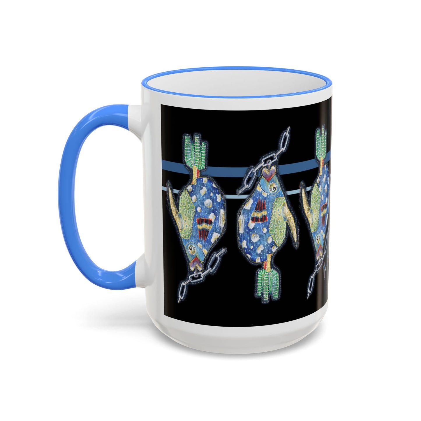 Fish on a Line Accent Rim Mug (11oz/15oz) by artist Marie Frederique
