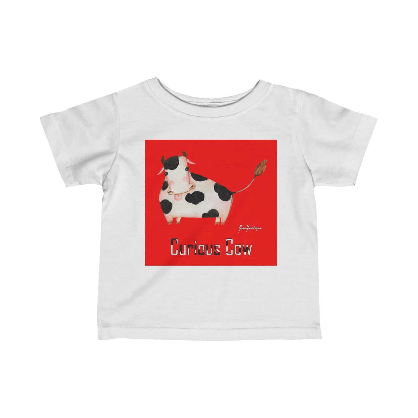 Curious Cow on red background - Infant Fine Jersey Tee by Artist Marie Frederique