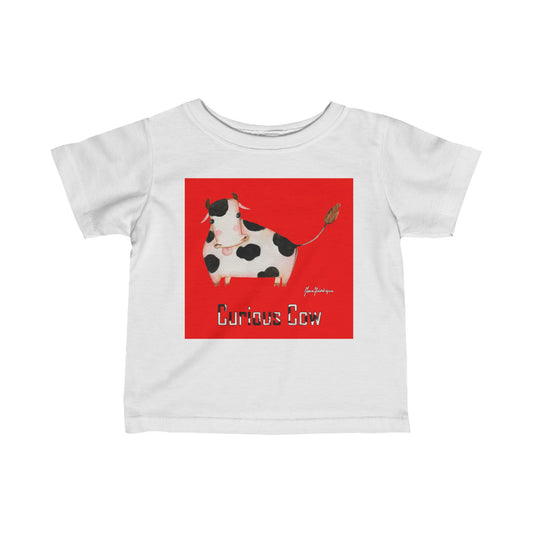 Curious Cow on red background - Infant Fine Jersey Tee by Artist Marie Frederique