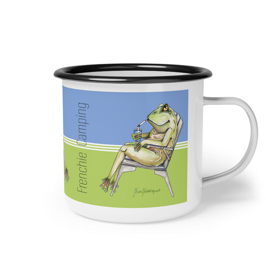 Frenchie Frog goes Camping - Enamel Mug by artist Marie Frederique