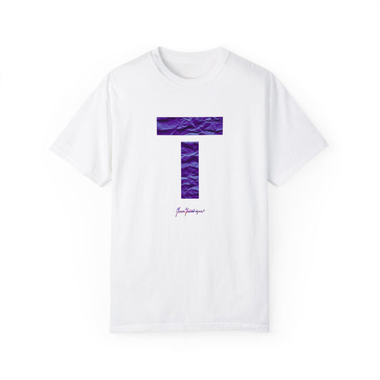 T in violet, star energy on a crumpled paper background - Unisex Garment-Dyed T-shirt by artist Marie Frederique