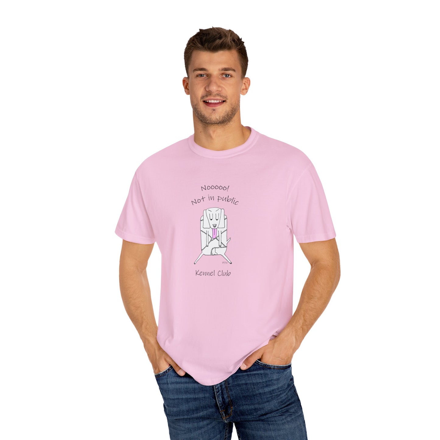 Kennel Club, "Nooooo! Not in public" Whimsical B & W Drawing of a patchwork dog licking - Unisex Garment-Dyed T-shirt by artist Marie Frederique