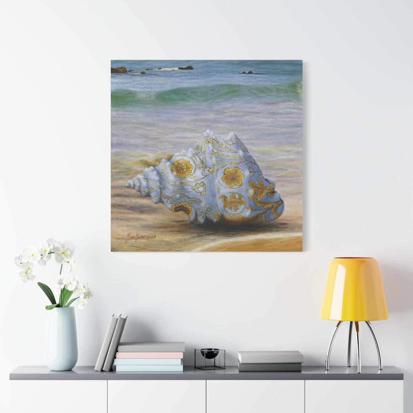 Ocean Tapestry I, Ornate Seashell Beach Canvas – Elegant Coastal Wall Art by artist Marie Frederique