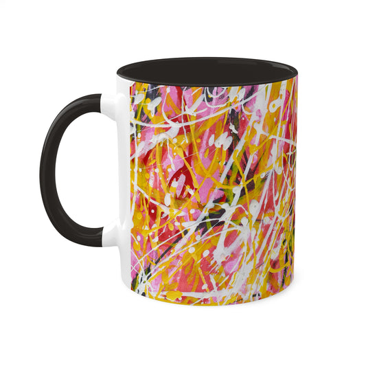 CHAOS - Abstract Expressionist in Pink, Yellow & White, "Is This what I signed up for?" Colorful Mug in 4 colors, Red, Black, Yellow and Pink 11oz By Artist Marie Frederique