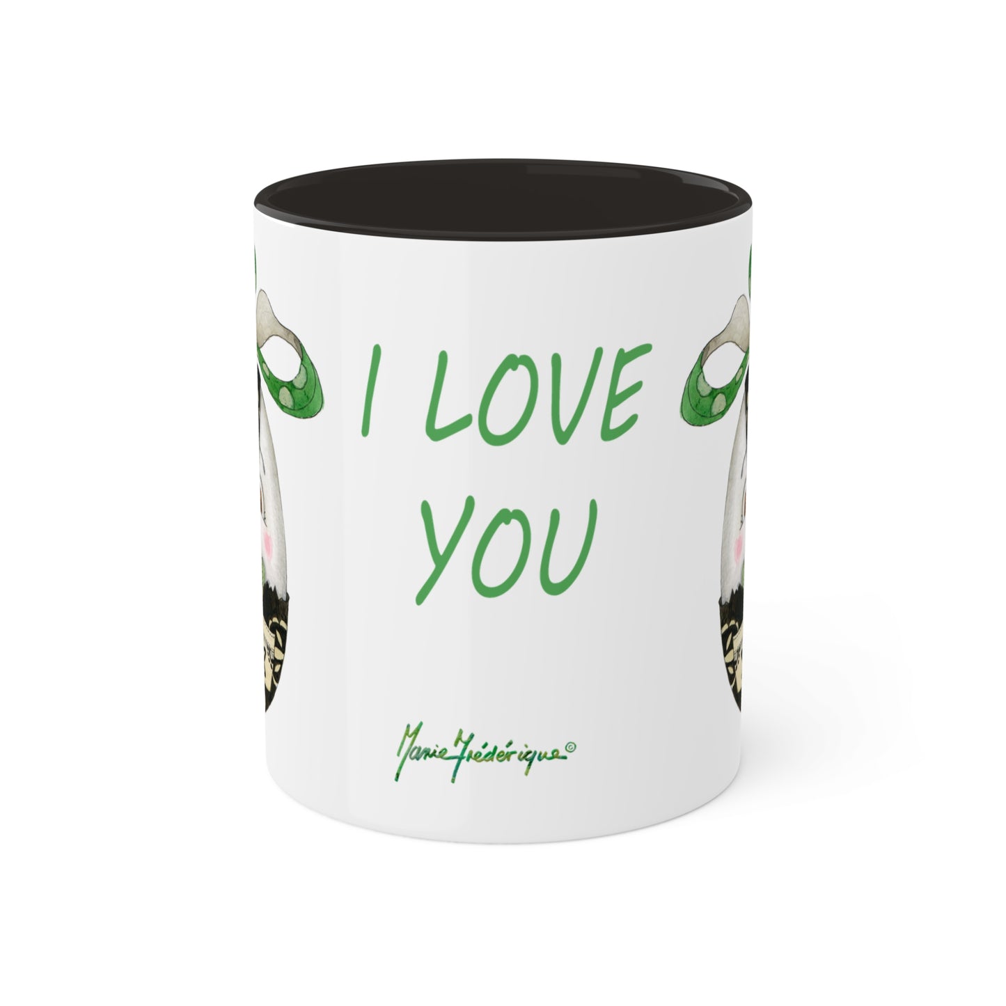 Whimsical Egg Wrap 1 "I Love You", Colorful Mug in black, red or light green, 11oz by Artist Marie Frederique