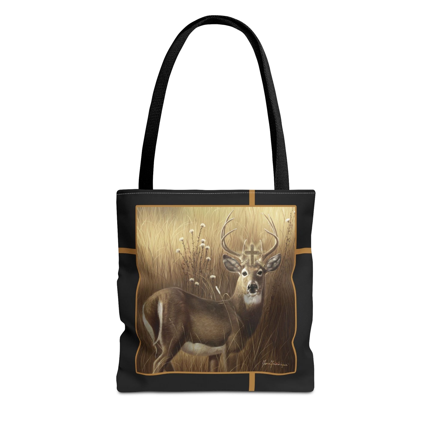 Deer Buck Tote Bag – Golden Meadow Wildlife Art Tote by artist Marie Frederique