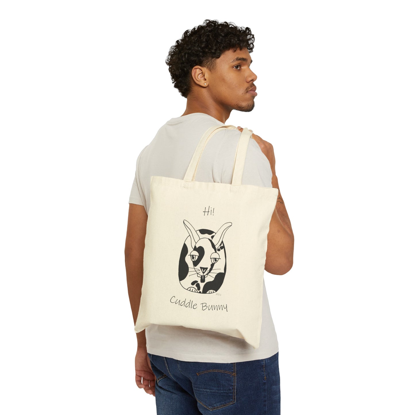 Bunny lovers - Hi! Cuddle Bunny. Whimsical drawing of a black & white bunny, Cotton Canvas Tote Bag by artist Marie Frederique