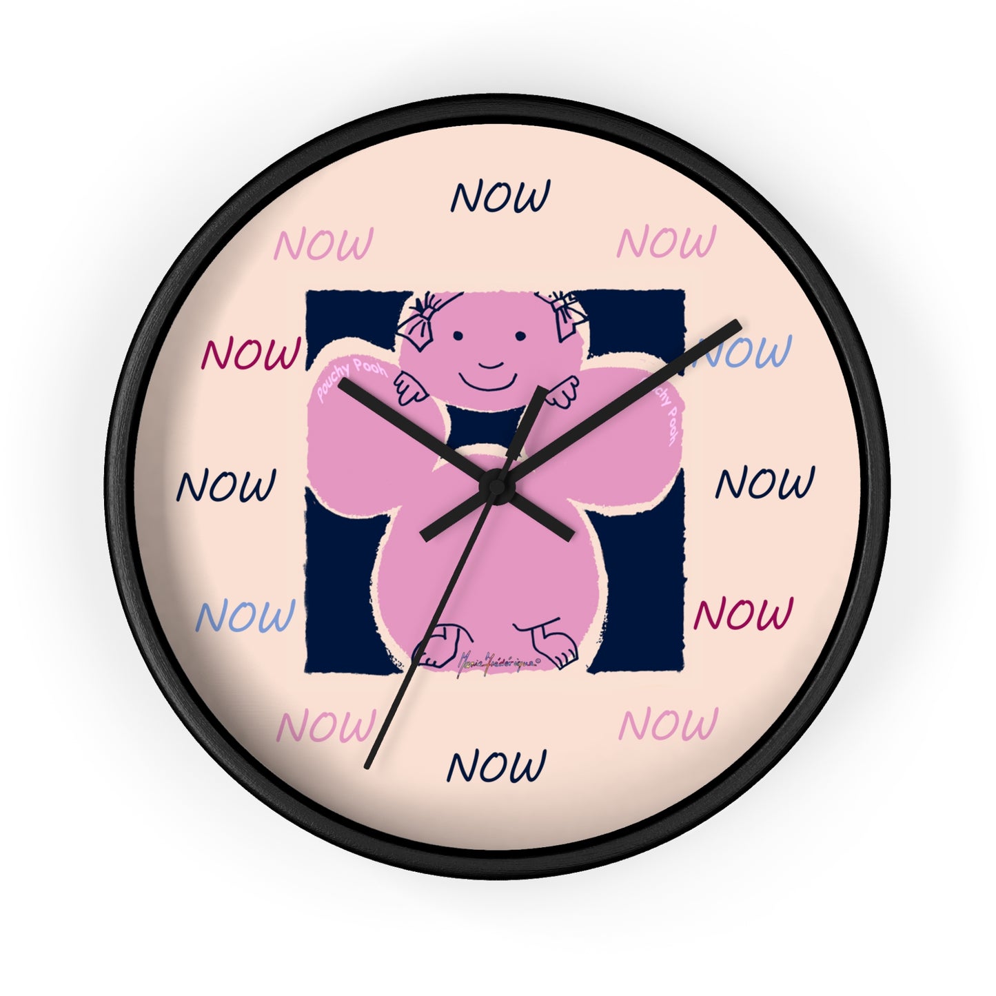 NOW - Wall Clock Pouchy Pooh (Pronounced Puchi Poo) in pink and navy by Artist Maria Frederique