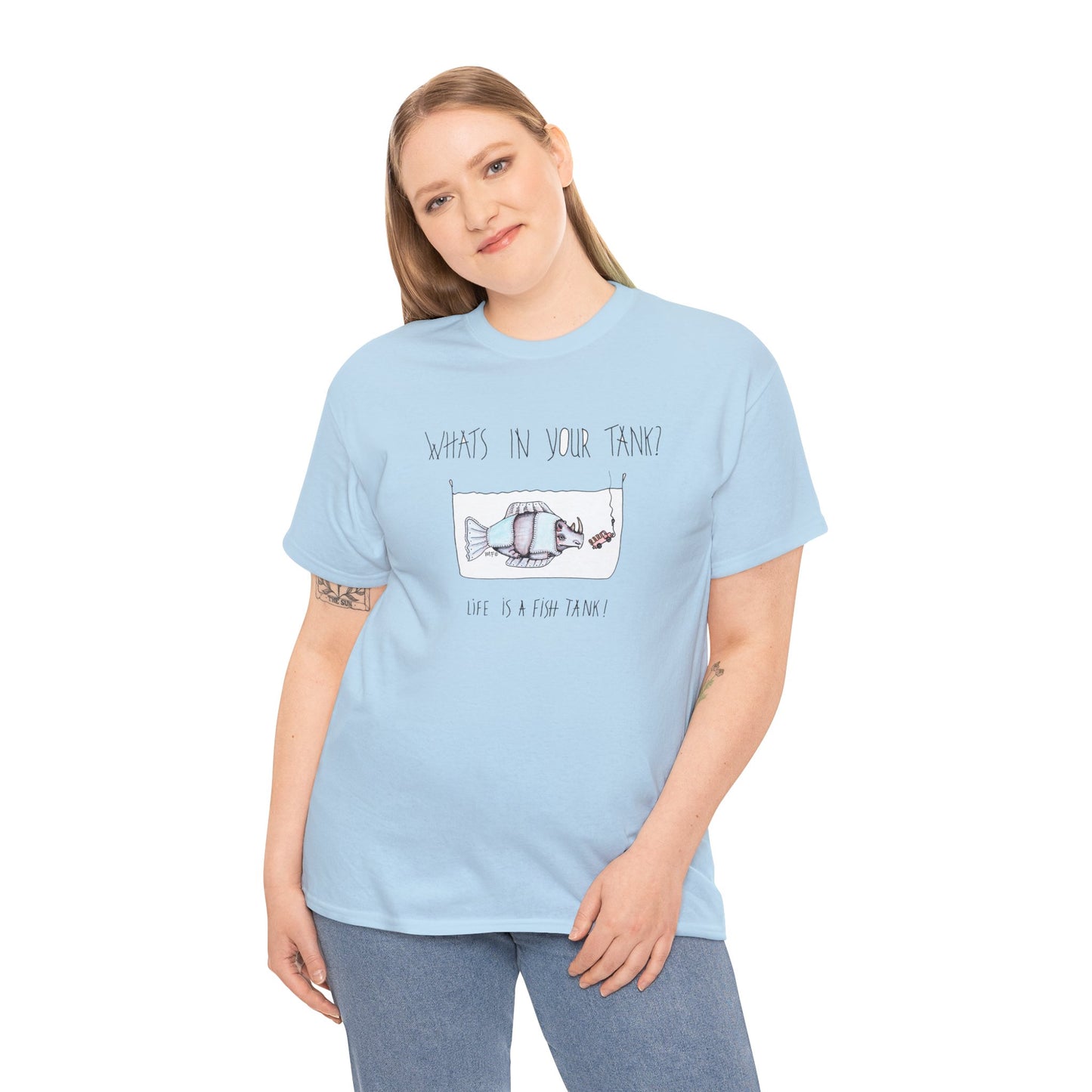 Life is a Fish Tank Collection, "What's in your tank?  Rhino Fish with dangling bait/vehicle on a hook. Unisex Heavy Cotton Tee by artist Marie Frederique