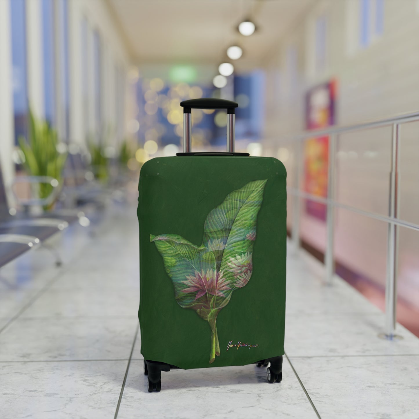 Luggage Cover, Pink Lotus flower and leaves on green By Artist Marie Frederique