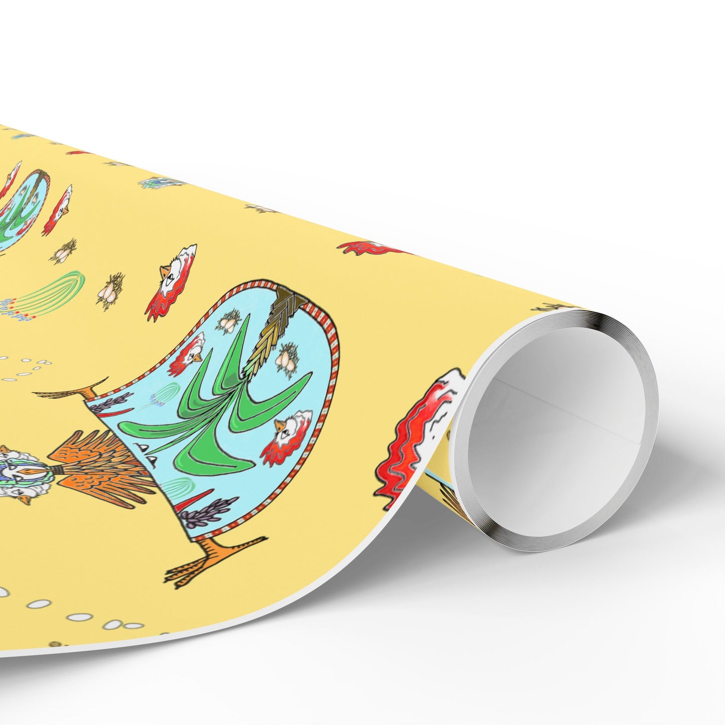 Spring Garden Chicken Wrapping Paper Roll — Yellow Floral chicken Pattern Gift Wrap by artist Marie Frederique