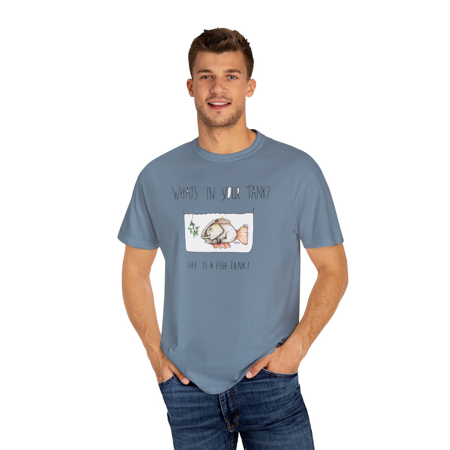 Life is a Fish Tank Collection, "What's in your tank?  Elephant Fish with a dangling tree branch. Unisex Garment-Dyed T-shirt by artist Marie Frederique