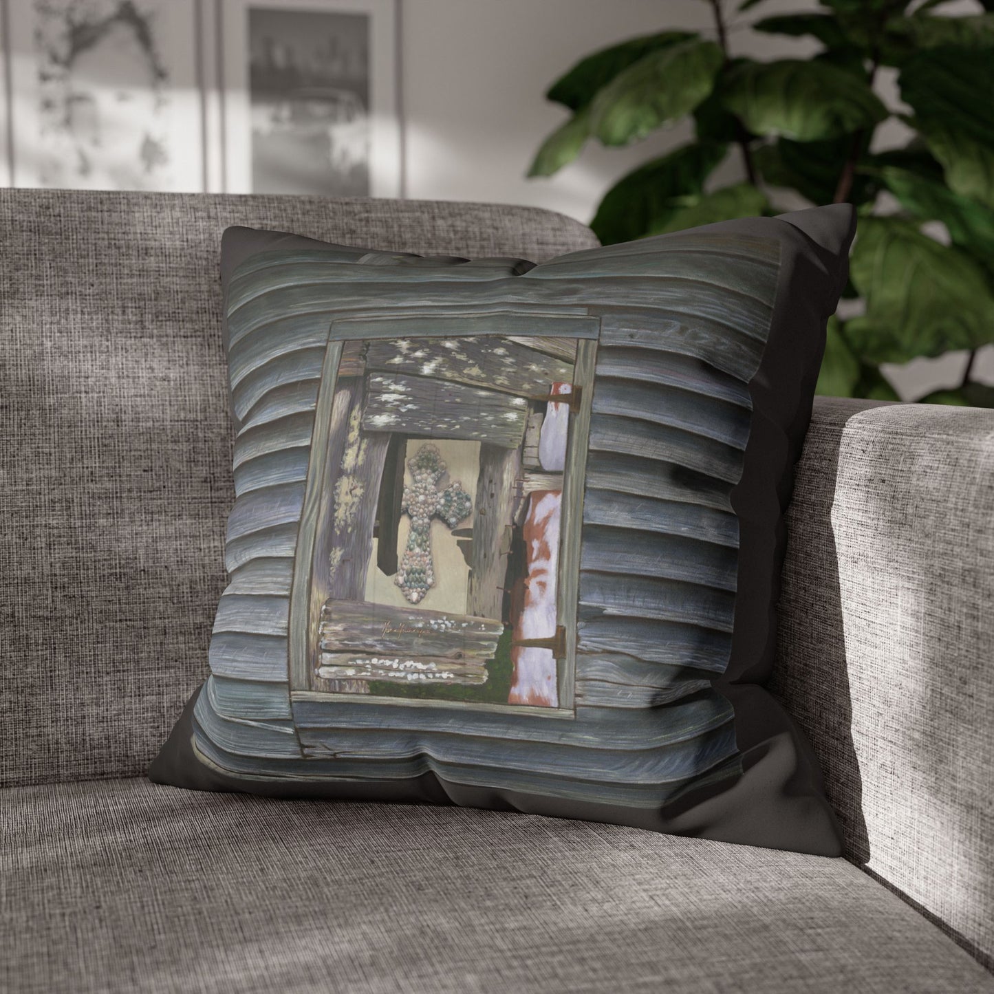 Christian Faux Suede Pillowcase — Driftwood Cabin Log Wall Throw Pillow Cover by artist Marie Frederique