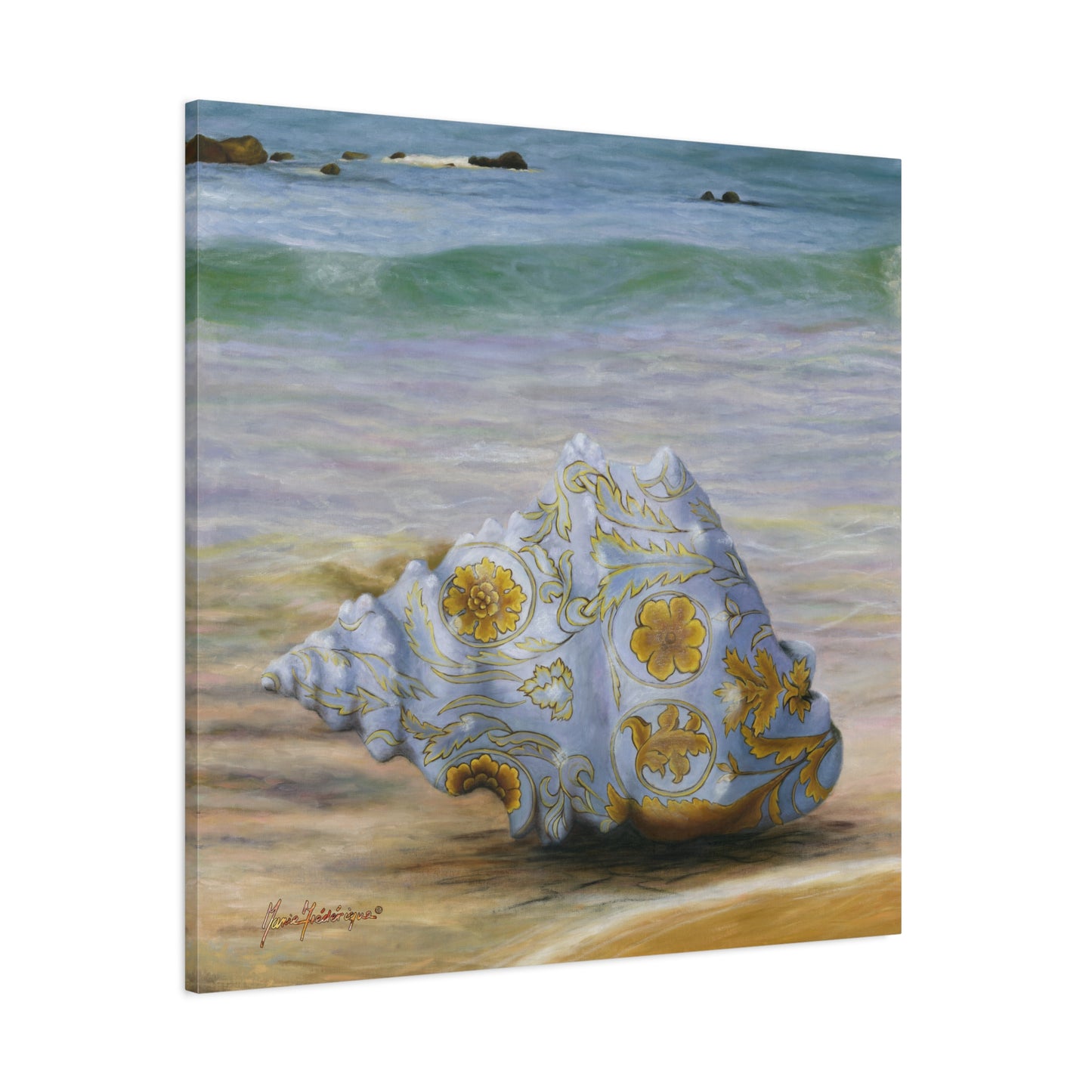 Ocean Tapestry I, Ornate Seashell Beach Canvas – Elegant Coastal Wall Art by artist Marie Frederique