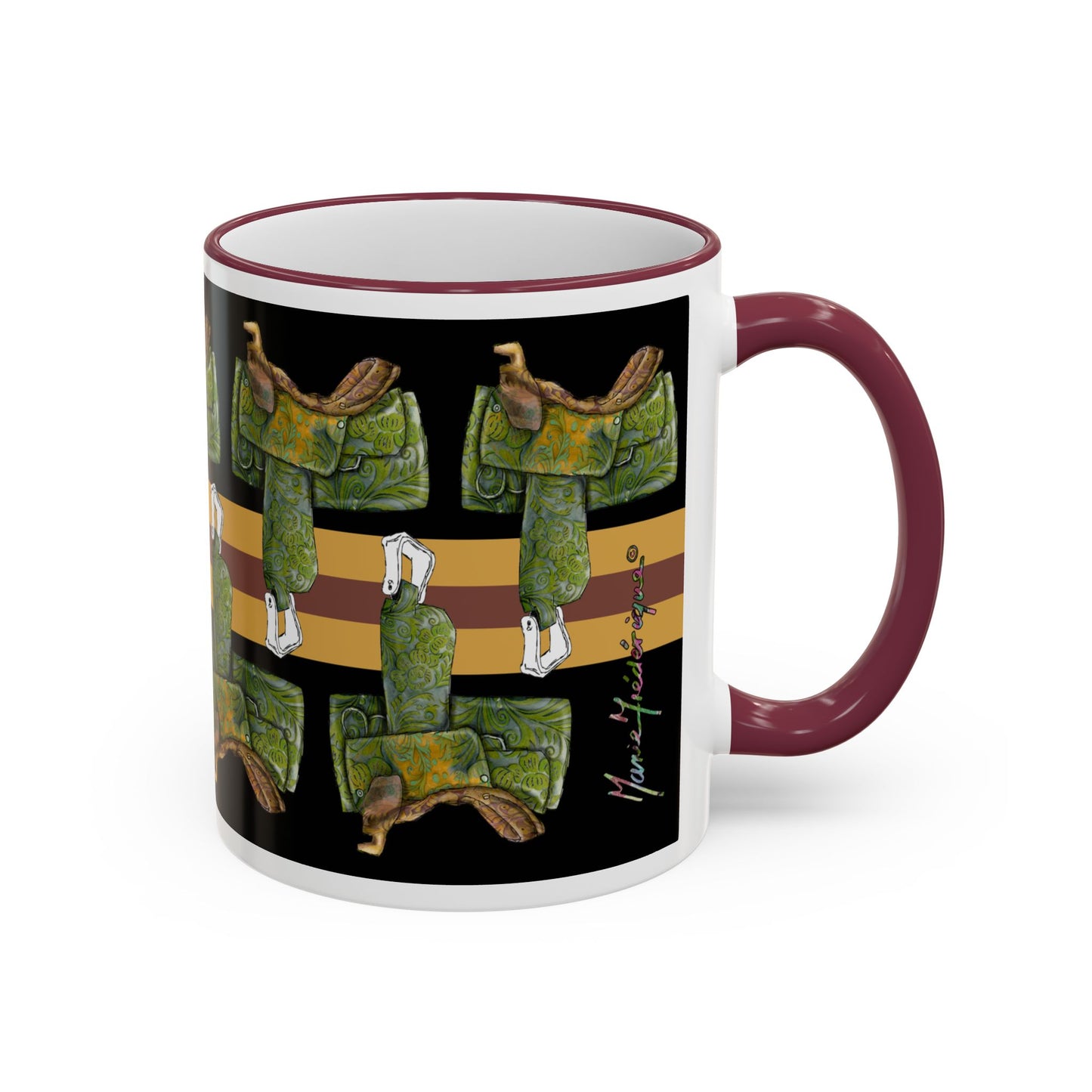 Western Saddle & Scarf Pattern Accent Rim Mug (11oz/15oz) by artist Marie Frederique