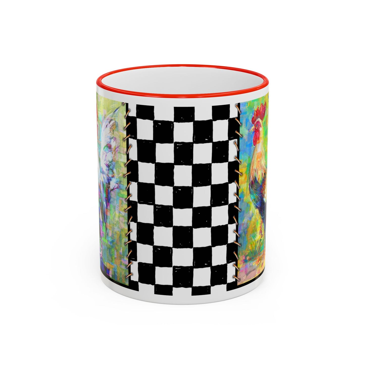 Checkerboard Chickens Accent Mug — Pedro & Fan Fair, Colorful Abstract Rooster Design (11oz, 15oz) by artist Marie Frederique