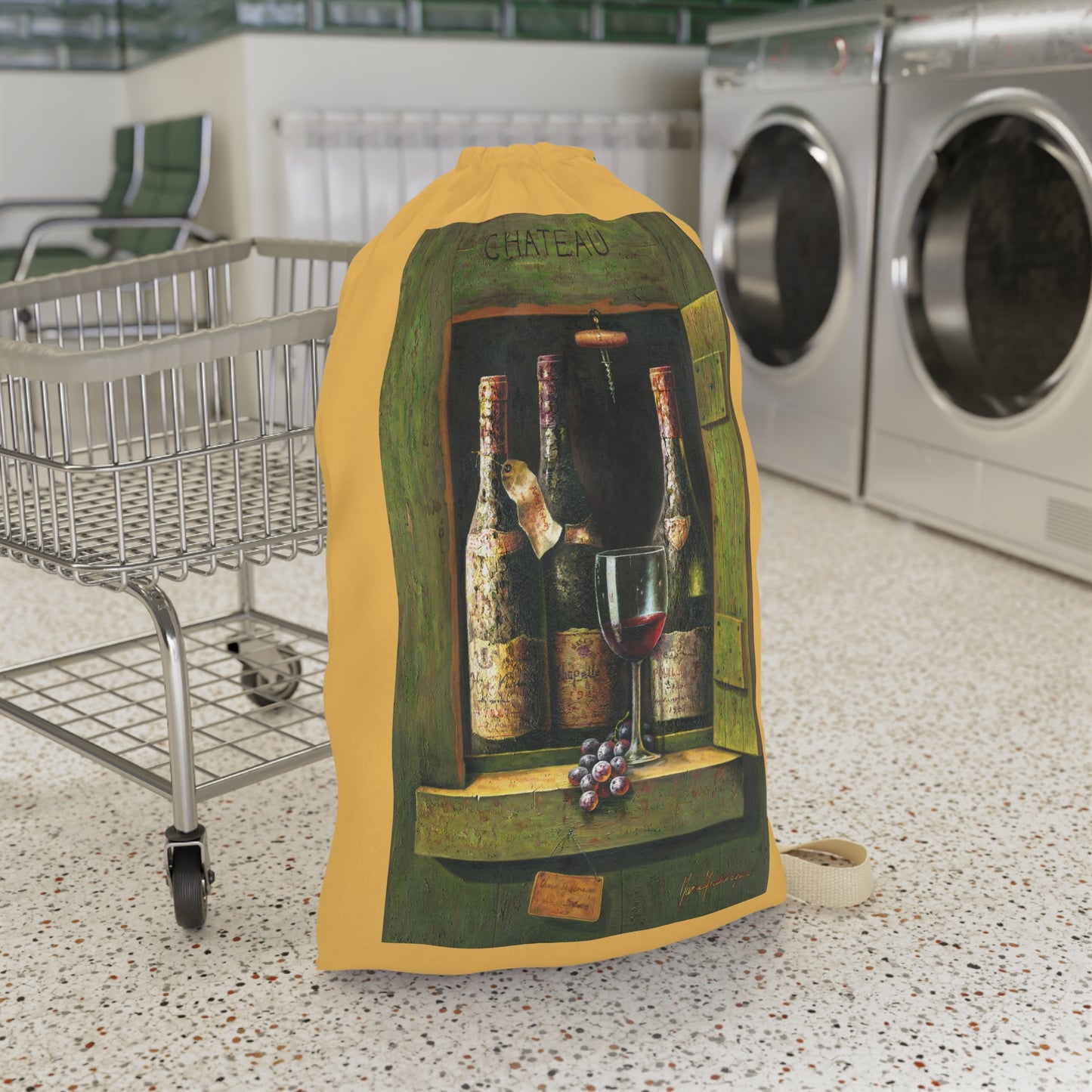 Wine Chateau Laundry Bag — Rustic Wine Bottle & Glass Print by artist Marie Frederique