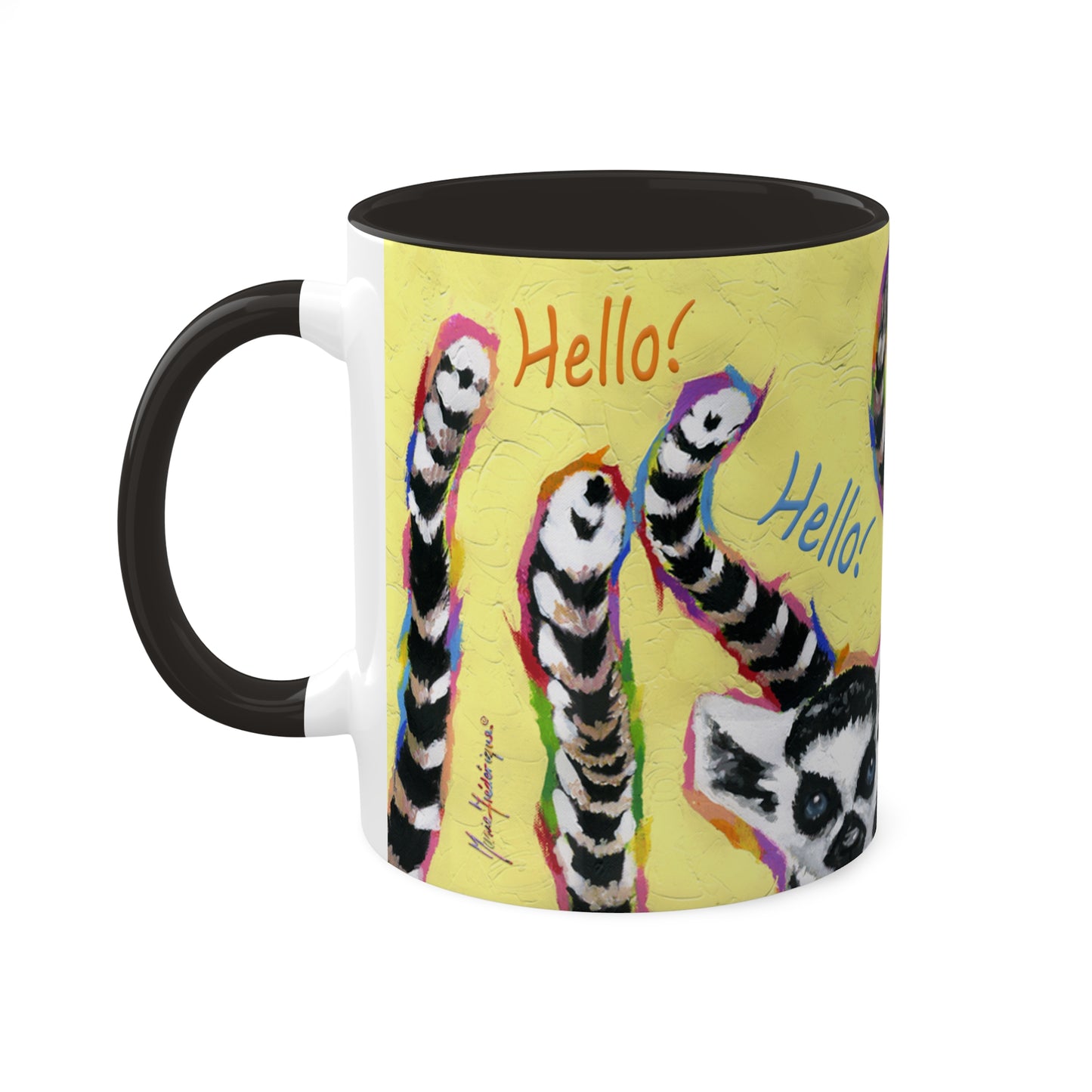 Lemurs from Madagascar scrambling to say "Hello" - Colorful Mug, 11oz By Artist Marie Frederique